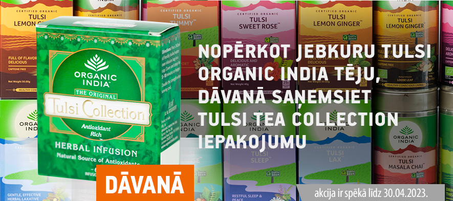 Nopērkot jebkuru Tulsi Organic India tēju, dāvanā saņemsiet Tulsi Tea Collection iepakojumu