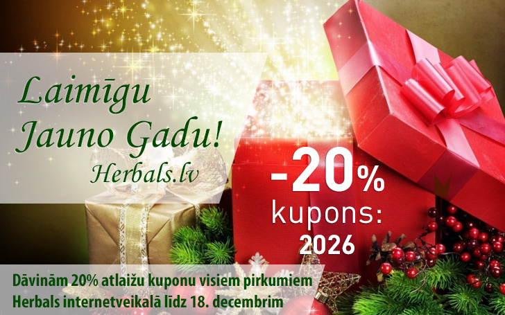 Dāvinām 20% atlaižu kuponu visiem Herbals.lv pasūtījumiem internetā no 16. līdz 18. decembrim. Lai saņemtu atlaidi: noformējot pasūtījumu, ievadiet kupona kodu: 2026